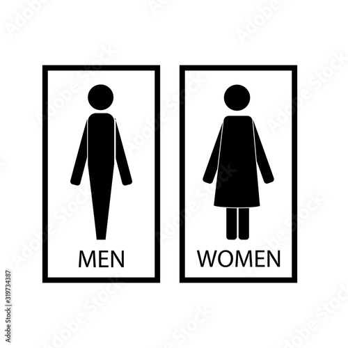 Black silhouette men and women icon in white rectangle. Sign restroom women and men. Icon public toilette and bathroom for hygiene. Template for poster, sign. Flat vector image. Vector illustration.