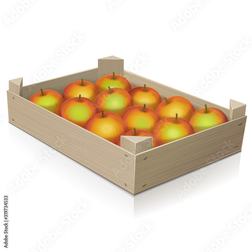 Cageot en bois contenant des pommes (reflet)	