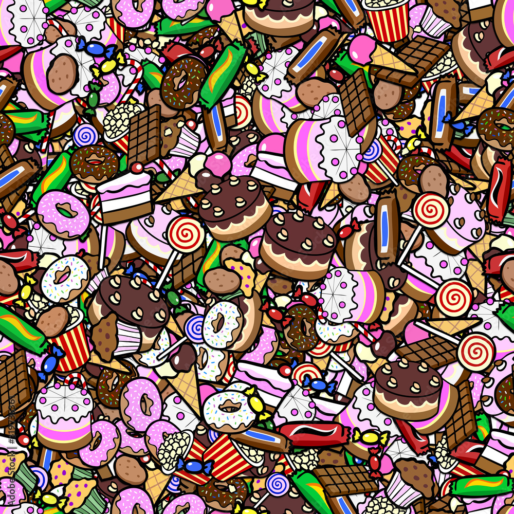 Naklejka premium Nahtlos kachelbare Hintergrund Textur mit Süßwaren und Dessert