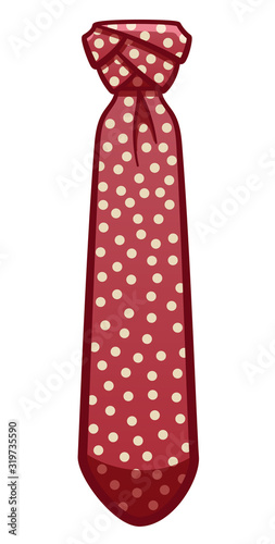 Red necktie with beige dots pattern isolated illustration. White background, vector.