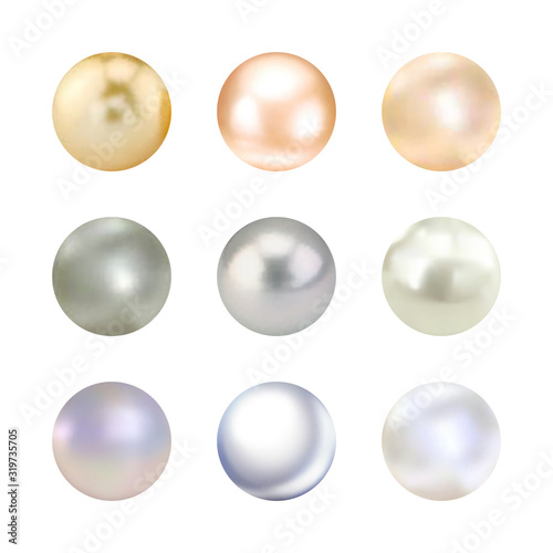 Set of nine realistic pearls of different color isolated on the white background. 3d illustration. eps 10