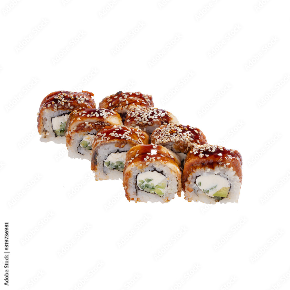 Japanese Sushi isolated on white background. Close up. Studio photo. Japanese Sushi isolated on white background. Close up. Studio photo.