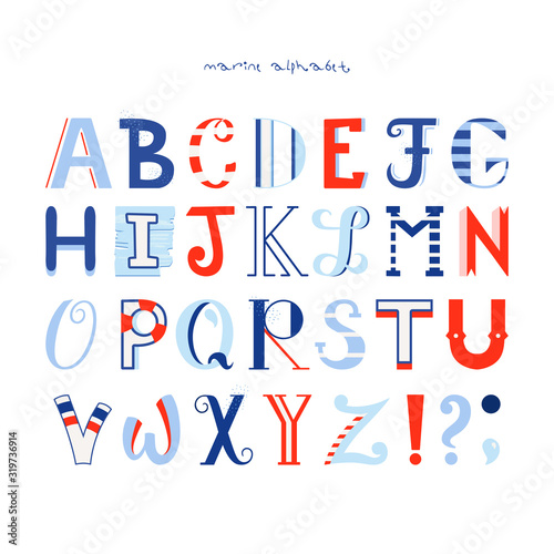 Vector children's font in the marine style. Set of multicolored bright letters for inscriptions. Hand drawn typeface and signs. ABC.