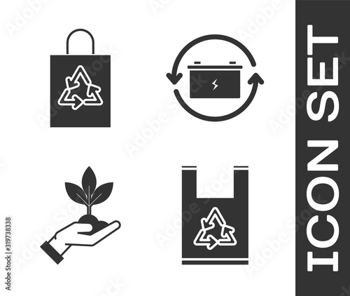 Set Plastic bag with recycle, Plastic bag with recycle, Plant in hand of environmental protection and Battery with recycle symbol icon. Vector
