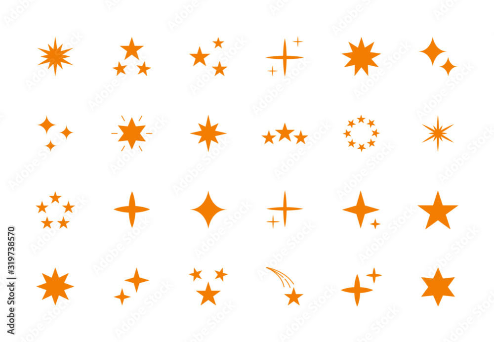 Yellow sparkle icons. Flash twinkle stars, set of flat glitter sparkles isolated on white background, magic spark symbols. Vector illustration