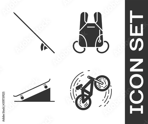 Set Bicycle trick, Surfboard, Skateboard on street ramp and Parachute icon. Vector