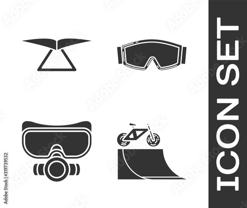 Set Bicycle on street ramp, Hang glider, Diving mask and Ski goggles icon. Vector