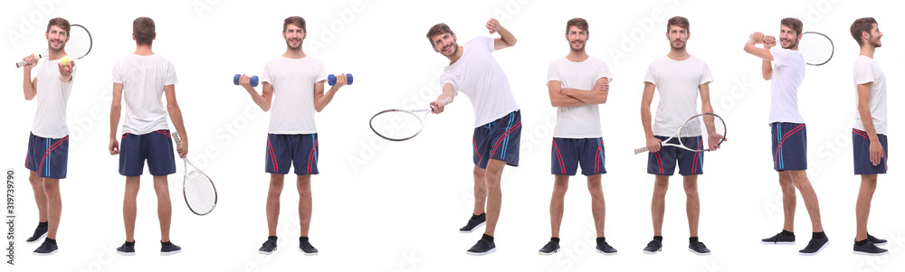 panoramic collage of male handyman isolated on white panoramic collage of male handyman isolated on white