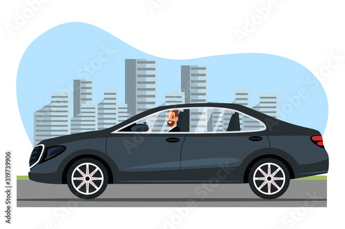 Fototapeta Naklejka Na Ścianę i Meble -  Businessman Character Driving Car on Cityscape