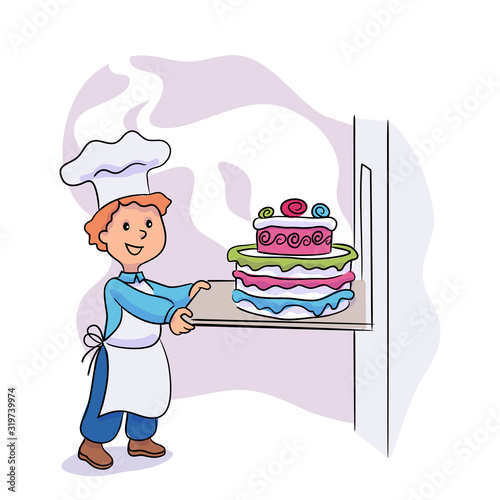 Little boy cook hold with big tasty glazed cake
