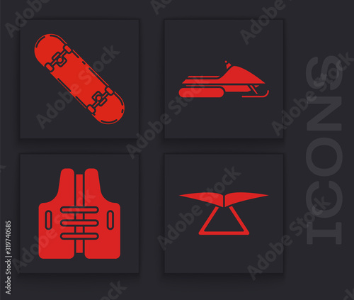 Set Hang glider, Skateboard trick, Snowmobile and Life jacket icon. Vector