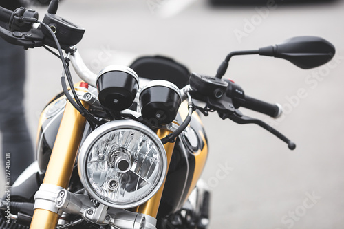 Closeup still of motorbike details. Close shot of motorcycle. © olenachukhil