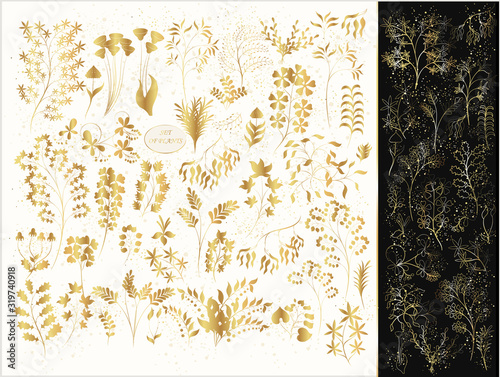 Wallpaper Mural Set of golden plants, flowers and twigs on a white and black background. Vector golden plants. Torontodigital.ca