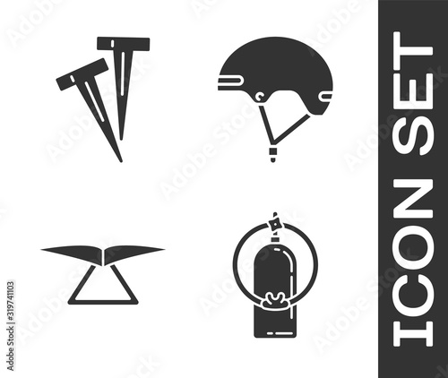 Set Aqualung, Pegs for tents, Hang glider and Helmet icon. Vector