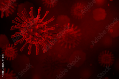 3D Rendering dark red virus,  The infection in host organism viral disease outbreak, Select focus shallow depth of field