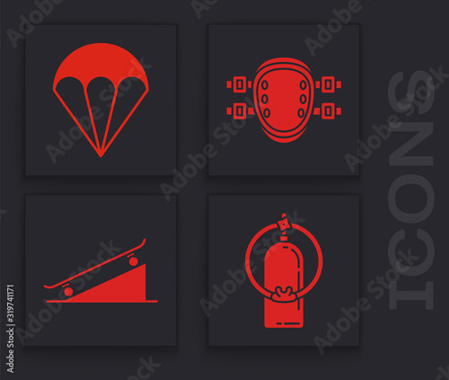 Set Aqualung, Parachute, Knee pads and Skateboard on street ramp icon. Vector