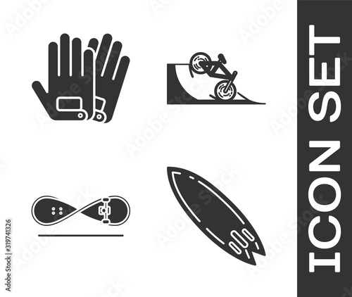 Set Surfboard, Gloves, Skateboard trick and Bicycle on street ramp icon. Vector