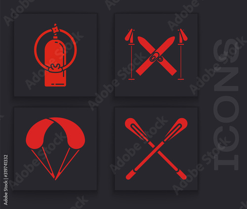Set Crossed paddle, Aqualung, Ski and sticks and Parachute icon. Vector