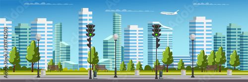 City panorama and crosswalk, traffic light, houses