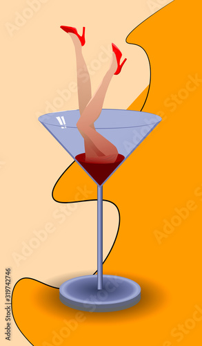 Woman feet with red shoes diving into martini glass
