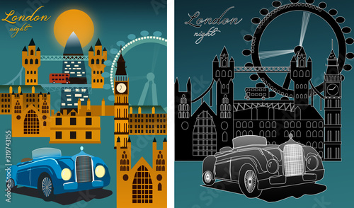 London city at night with famous city landmarks, big ben, millennium wheel