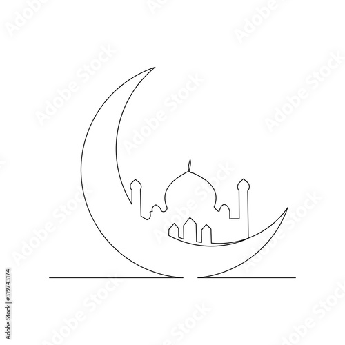 Continuous line drawing of muslim mosque and moon can use for ramadan and ied mubarak event. Vector illustration. 