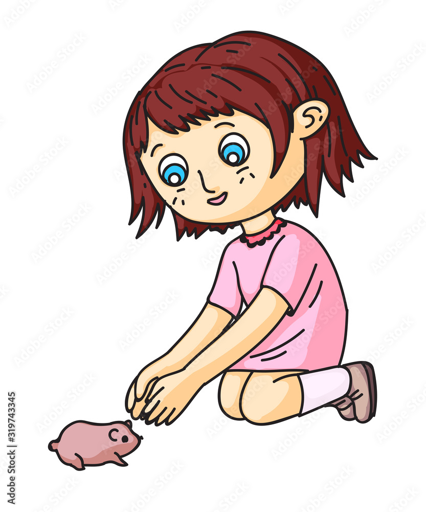 Happy little preschooler girl playing with hamster or guinea pig at petting zoo. Cheerful children character on white. Excursion to park with domestic animals. Vector illustration design. Happy little preschooler girl playing with hamster or guinea pig at petting zoo. Cheerful children character on white. Excursion to park with domestic animals. Vector illustration design.