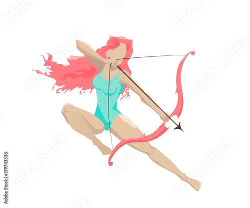 Cupid woman in turquoise clothes with pink hair shooting from a bow