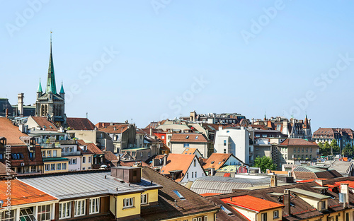Lausanne skyline view to Geneva Lake in summertime in Switzerland