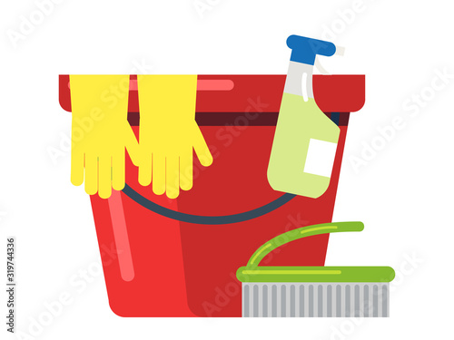 Bucket, rubber gloves, detergent, brush on white