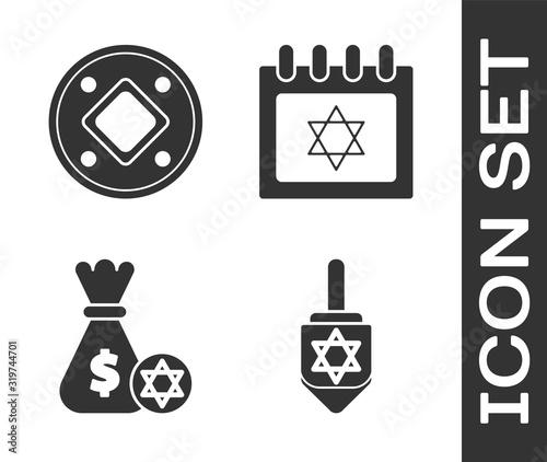 Set Hanukkah dreidel, Jewish coin, Jewish money bag with star of david and coin and Jewish calendar with star of david icon. Vector
