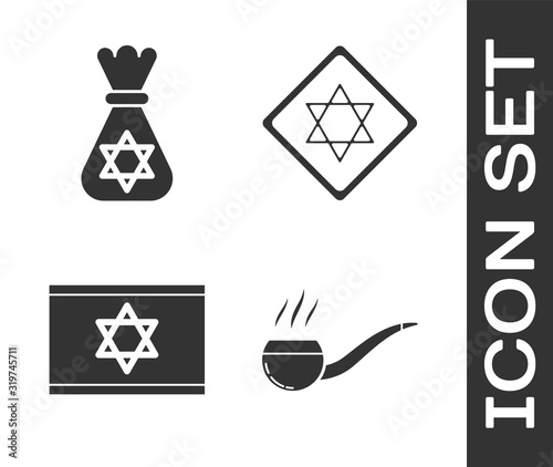 Set Smoking pipe with smoke, Jewish money bag with star of david, Flag of Israel and Star of David icon. Vector