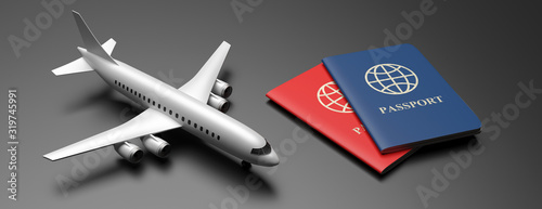 Blue and red passports on black background, banner. 3d illustration