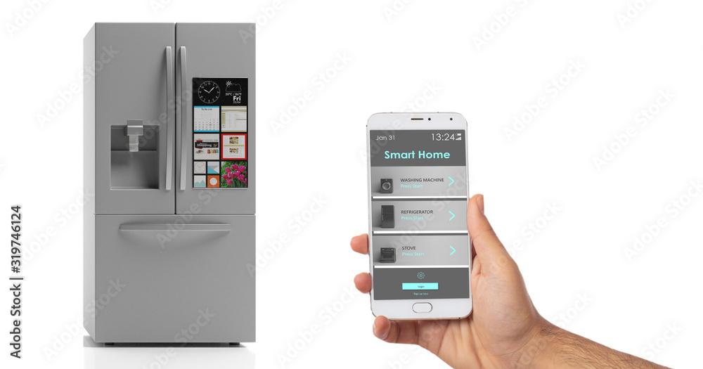 Smart refrigerator phone app, hand holding mobile phone isolated against white background. 3d illustration Smart refrigerator phone app, hand holding mobile phone isolated against white background. 3d illustration