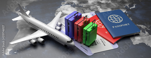 Plane tickets and passports for business trip travel, tourism on world map background. 3d illustration