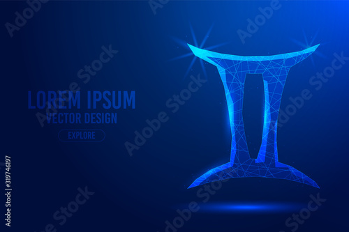Gemini third zodiac sign abstract background. Low poly wireframe digital banner. Linear and polygonal 3D concept of horoscope, celestial constellation.