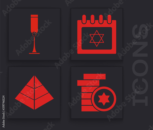 Set Jewish coin, Jewish goblet, Jewish calendar with star of david and Egypt pyramids icon. Vector
