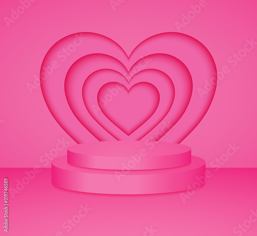 3d Pink cylinder podium minimal studio heart wall background. Abstract 3d geometric shape object illustration render Display 
