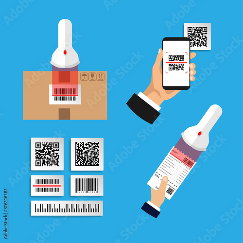 Flat design of set infographics about scanning codes. Scan barcode and QR code. Isolated vector illustration.
