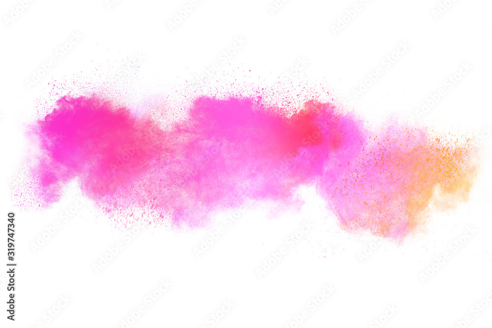 Pink powder explosion on white background. Pink dust splash cloud on white background.