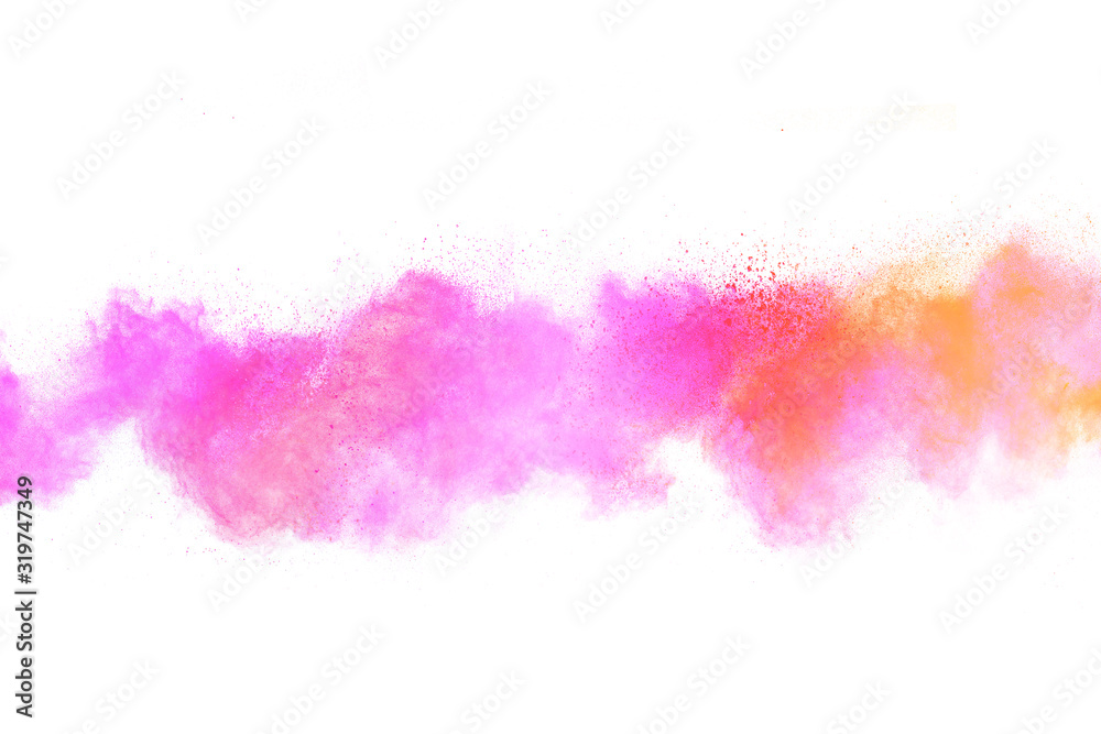 Pink powder explosion on white background. Pink dust splash cloud on white background.