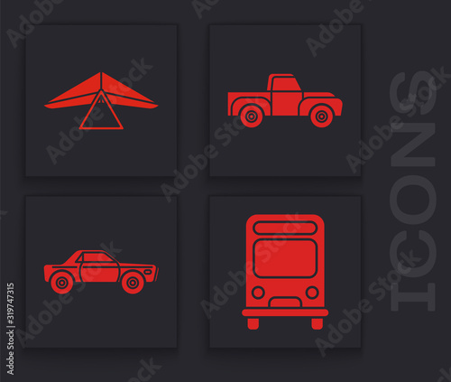 Set Bus, Hang glider, Pickup truck and Sedan car icon. Vector