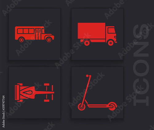 Set Scooter, School Bus, Delivery cargo truck vehicle and Formula race car icon. Vector