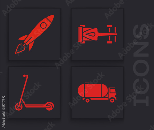Set Tanker truck, Rocket ship with fire, Formula race car and Scooter icon. Vector