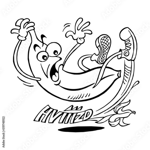 Banana mascot in sneakers slipped on the skin of a banana and falls to the ground, black and white cartoon
