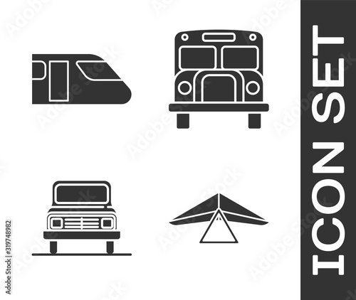 Set Hang glider, Train, Car and School Bus icon. Vector