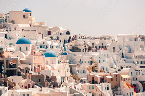 Classical casual view on the decoration and architecture of Oia village Santorini at sun weather