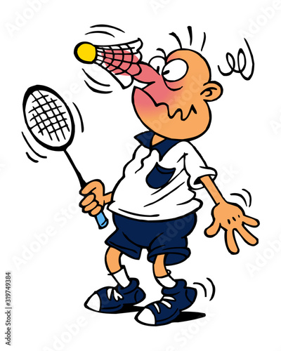 Badminton player with racket and badminton ball on his nose surprised standing, color cartoon joke