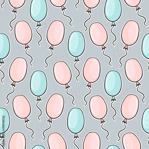 Hand drawn seamless pattern with cute blue and pink party balloons. Сolorful doodle vector illustration for Birthday, baby room, greeting card, invitation, wallpaper, wrapping paper, packaging.