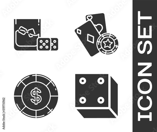 Set Game dice, Game dice and glass of whiskey with ice cubes, Casino chip with dollar symbol and Casino chip and playing cards icon. Vector